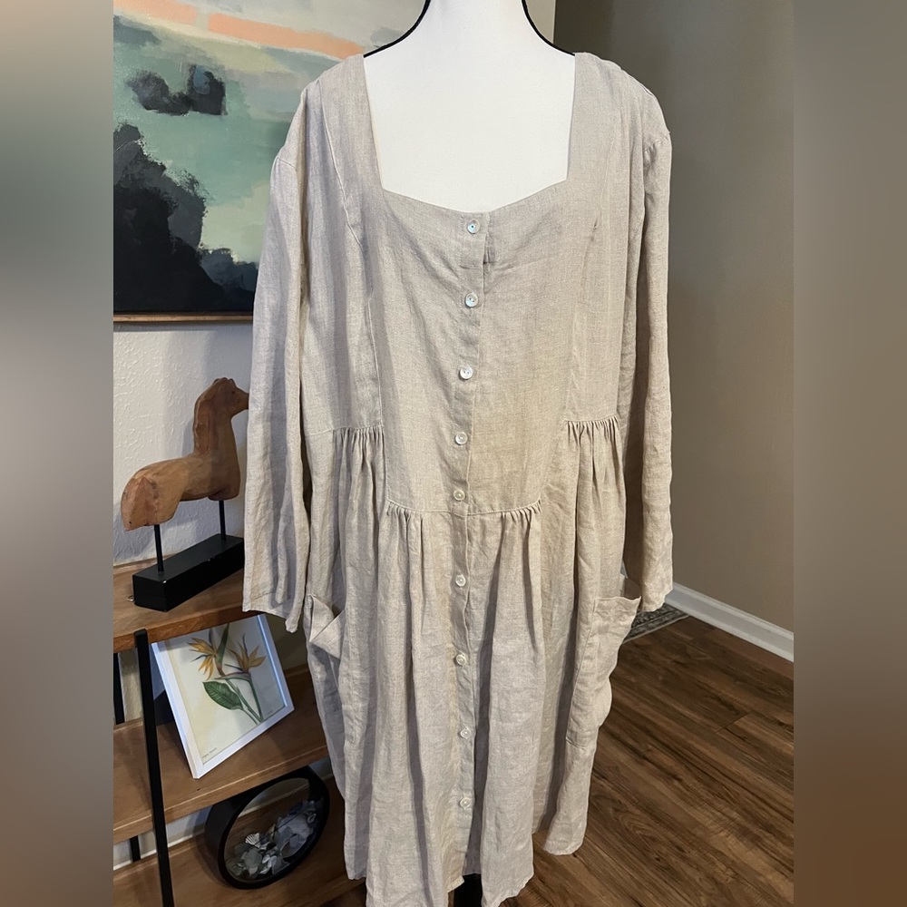 Gudrun Sjödén Linen Button Front Dress Tunic XXL Natural Flax Pockets Lagenlook - Picture 5 of 11